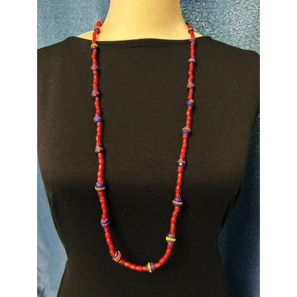 Vintage Jewelry Glass Beaded Long Necklace Handmade African Red Boho Y2K Artisan
